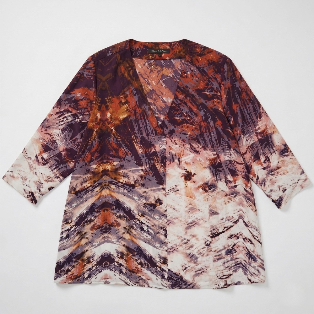 Rose Olive Womens 4X Purple‎ Orange Abstract Print VNeck Tunic Blouse 3/4 Sleeve - Picture 2 of 12